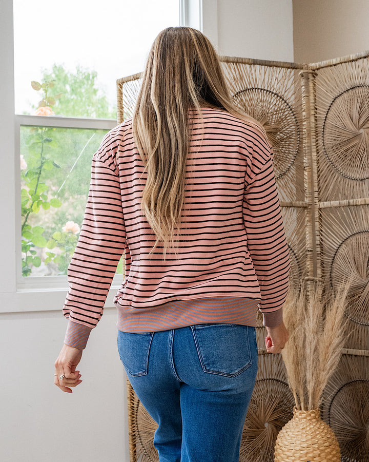 Trina Brushed Contrast Striped Pocket Top - Pink Staccato