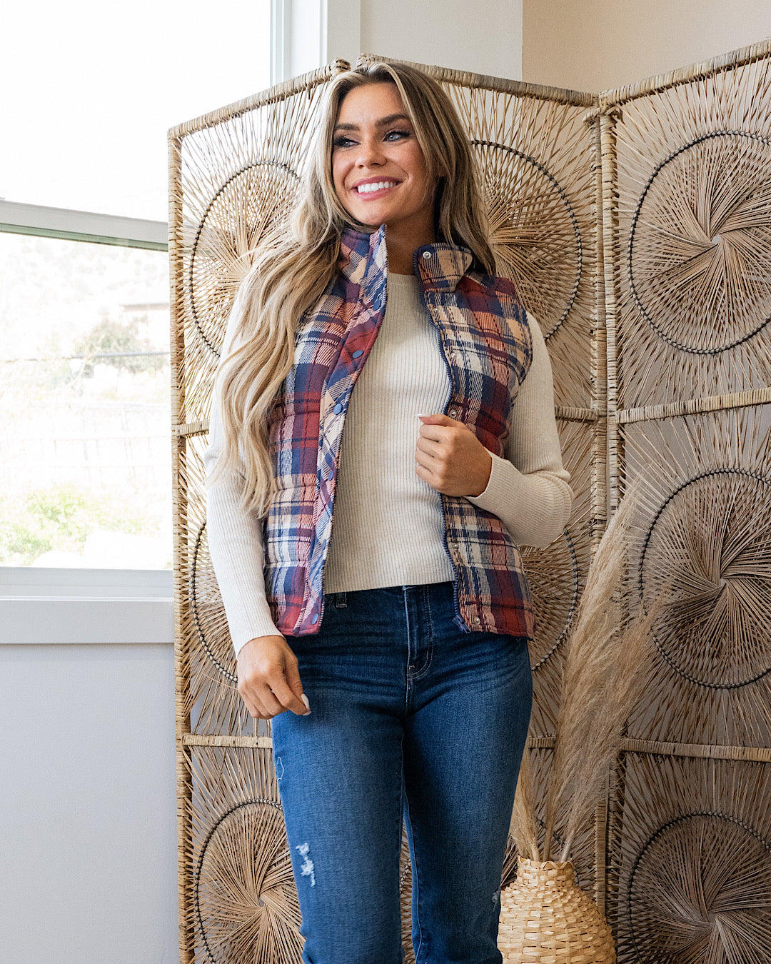 Gia Plaid Quilted Vest - Scarlet Staccato