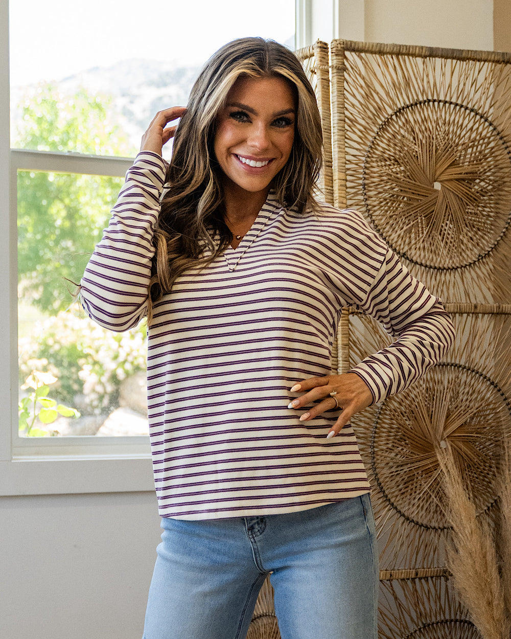 Laurel Striped V Neck Cozy Pullover - Plum FINAL SALE Staccato