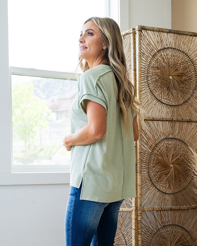 Mandy Corded V Neck Top - Sage  7th Ray   