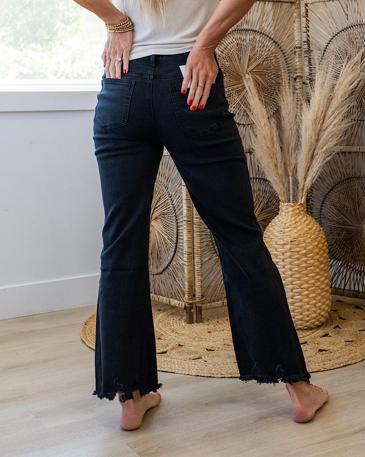 Gia Wide Leg Distressed Cropped Jeans - Black Zenana