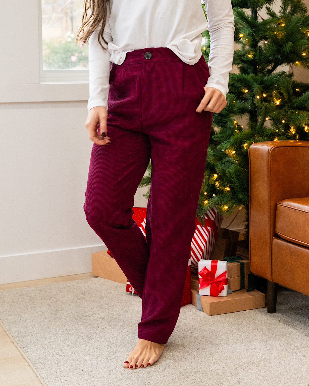 DOORBUSTER! Corduroy Pants - Dark Burgundy Zenana