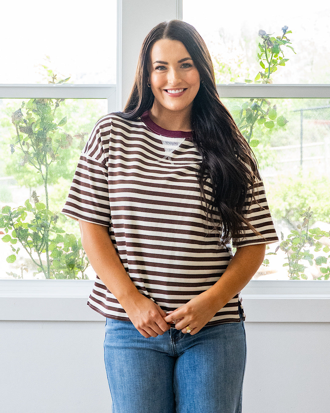 NEW! Hazel Contrast Striped Top - Dark Brown & Burgundy Mine