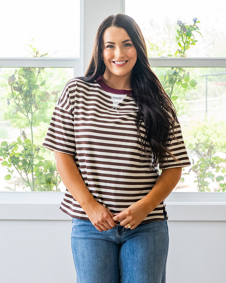 NEW! Hazel Contrast Striped Top - Dark Brown & Burgundy Mine