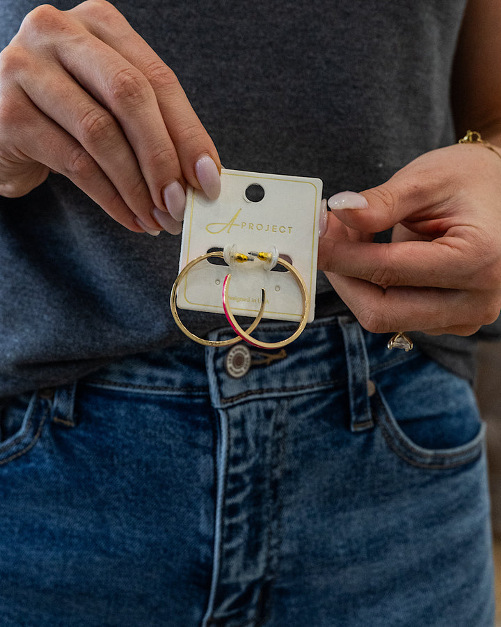 Color Filled Open Hoop Earrings - Hot Pink Trendy Wholesale