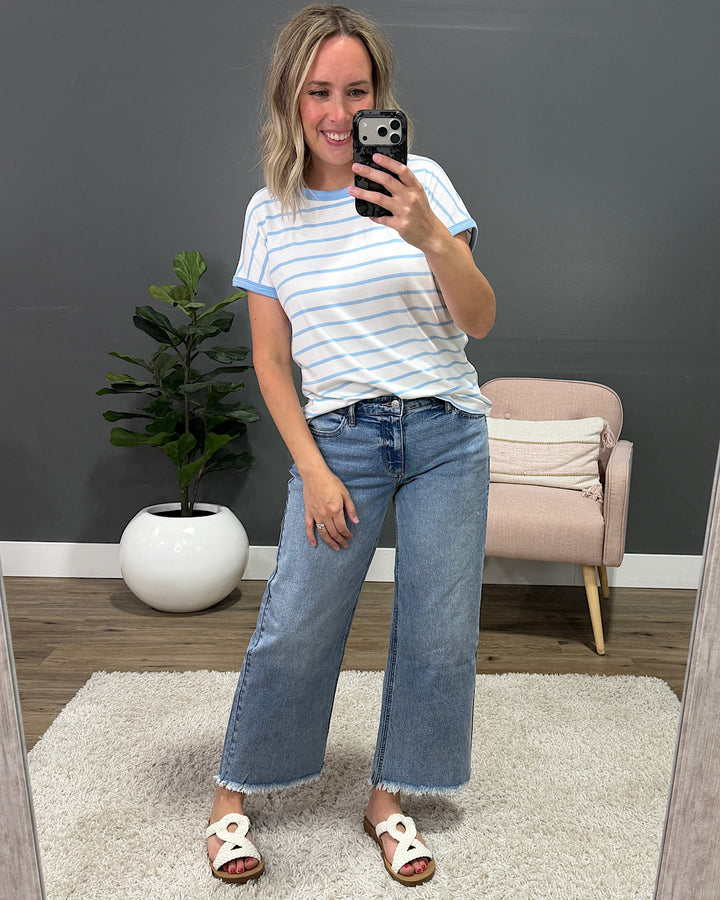 NEW! Juliet Striped Ribbed Top - Ivory & Blue Staccato