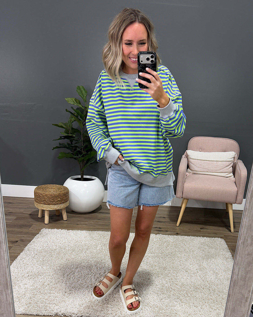 NEW! Collins Striped Side Slit Sweatshirt - Green Very J