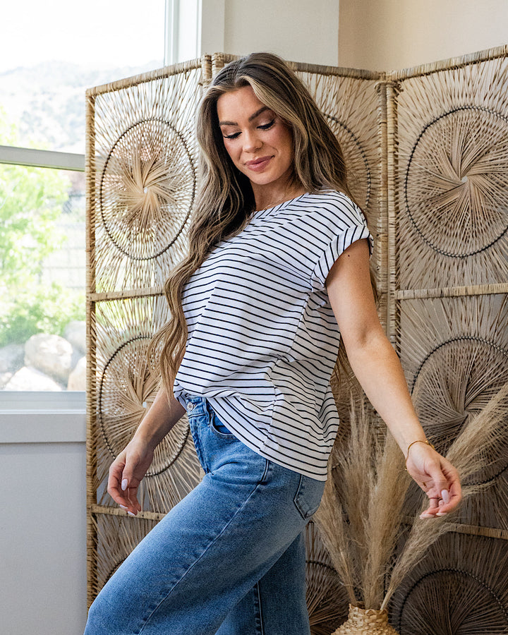 Brandi Striped Roll Sleeve Top - Ivory Sew In Love
