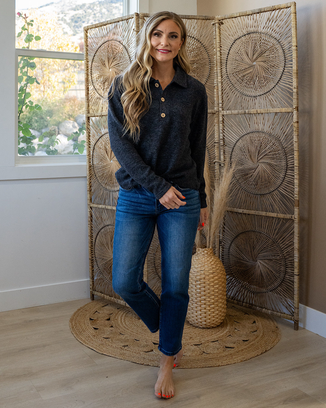 DOORBUSTER! Super Soft Henley Top - Black Zenana