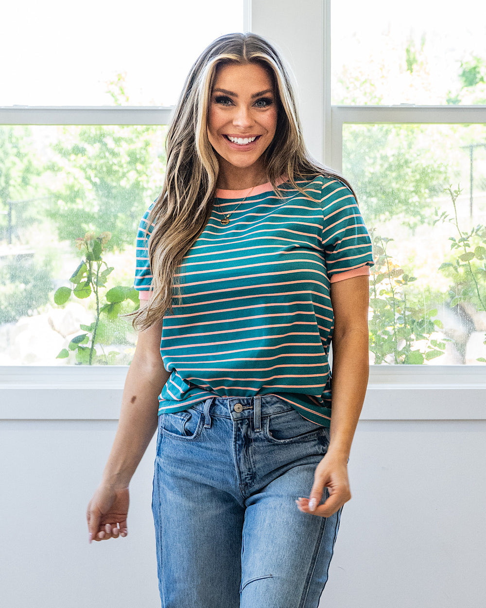 NEW! Shauna Contrast Striped Top - Dark Jade Staccato
