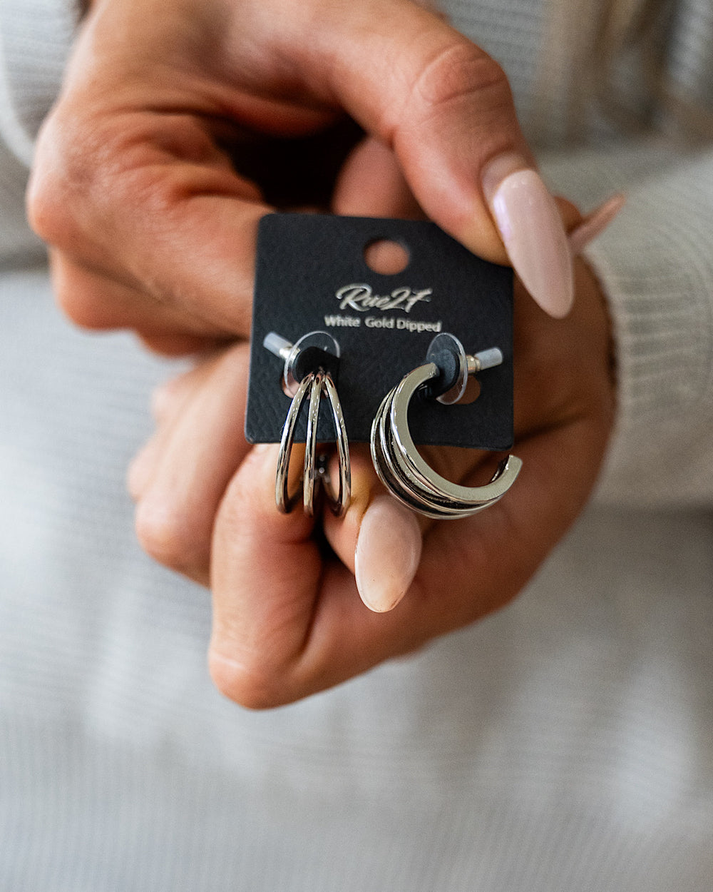 White Gold Three Line Layered Half Hoop Earrings Trendy Wholesale