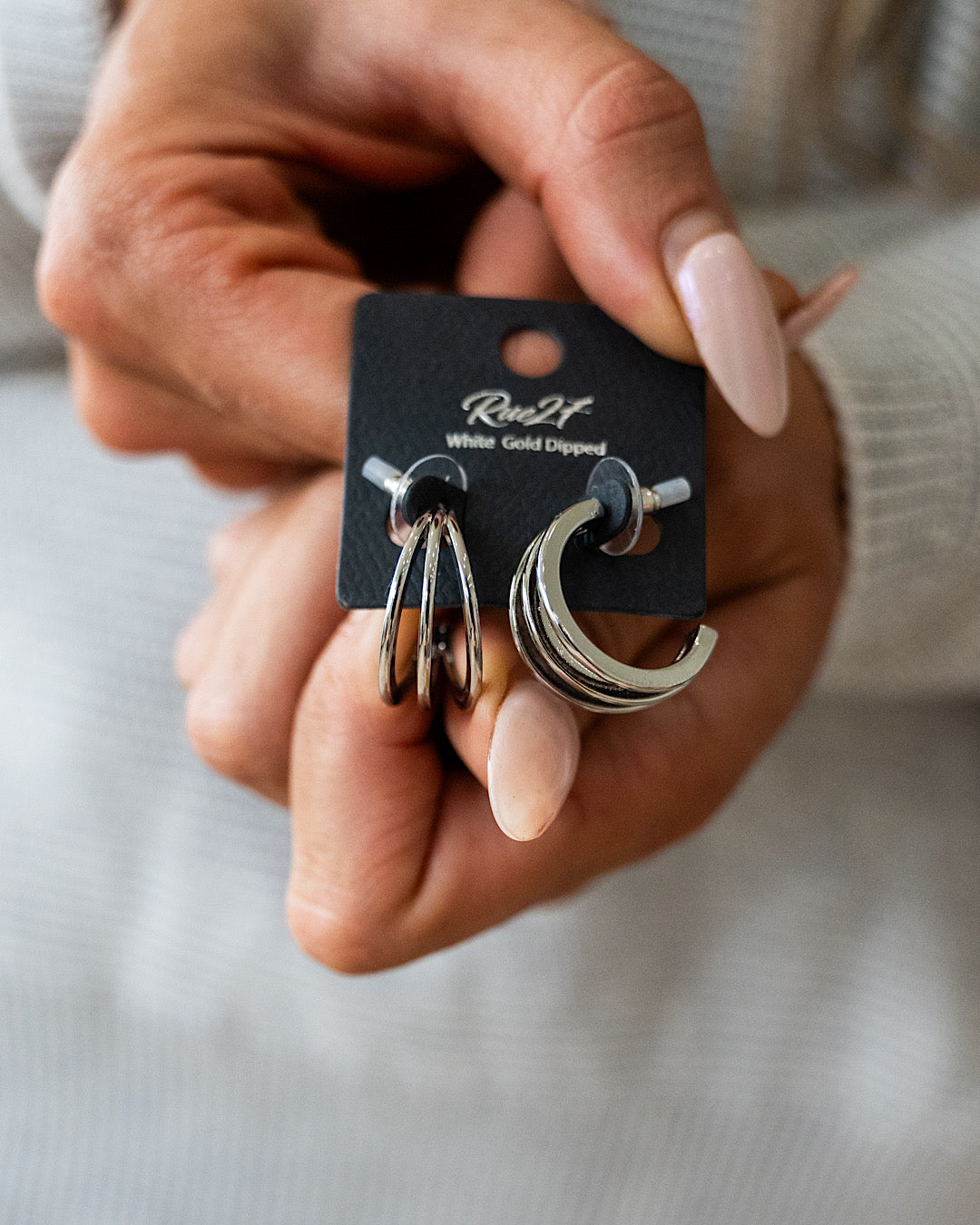 White Gold Three Line Layered Half Hoop Earrings Trendy Wholesale