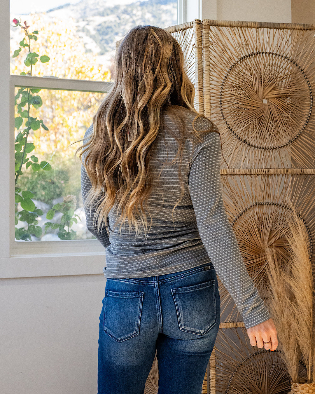 NEW! Dawn Striped Henley Long Sleeve Top - Charcoal Michelle Mae