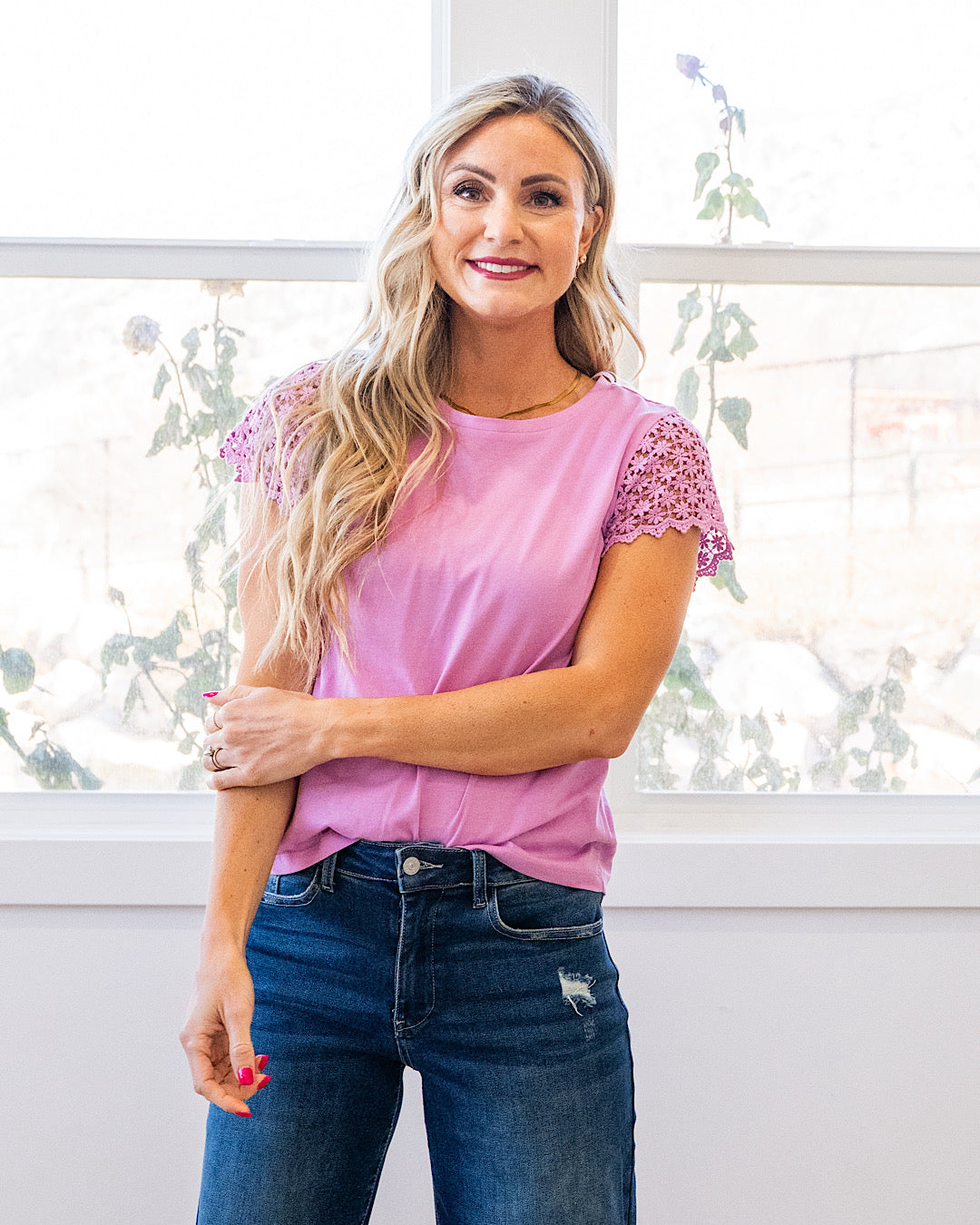Cherilyn Crochet Sleeve Top - Lilac Staccato