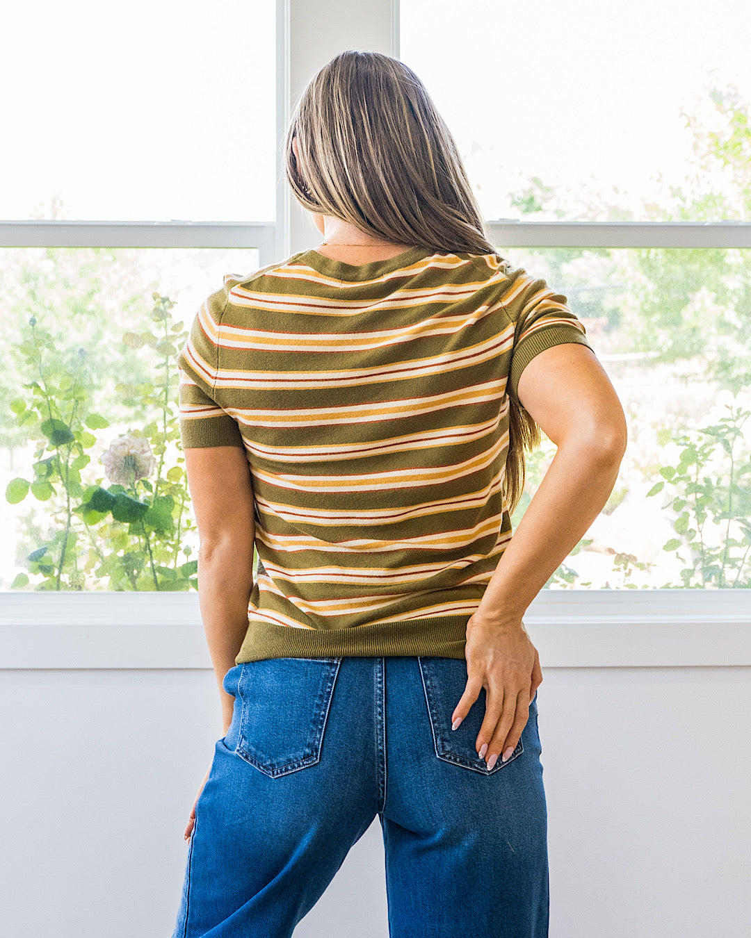 NEW! Iris Striped Short Sleeve Sweater - Olive Be Cool