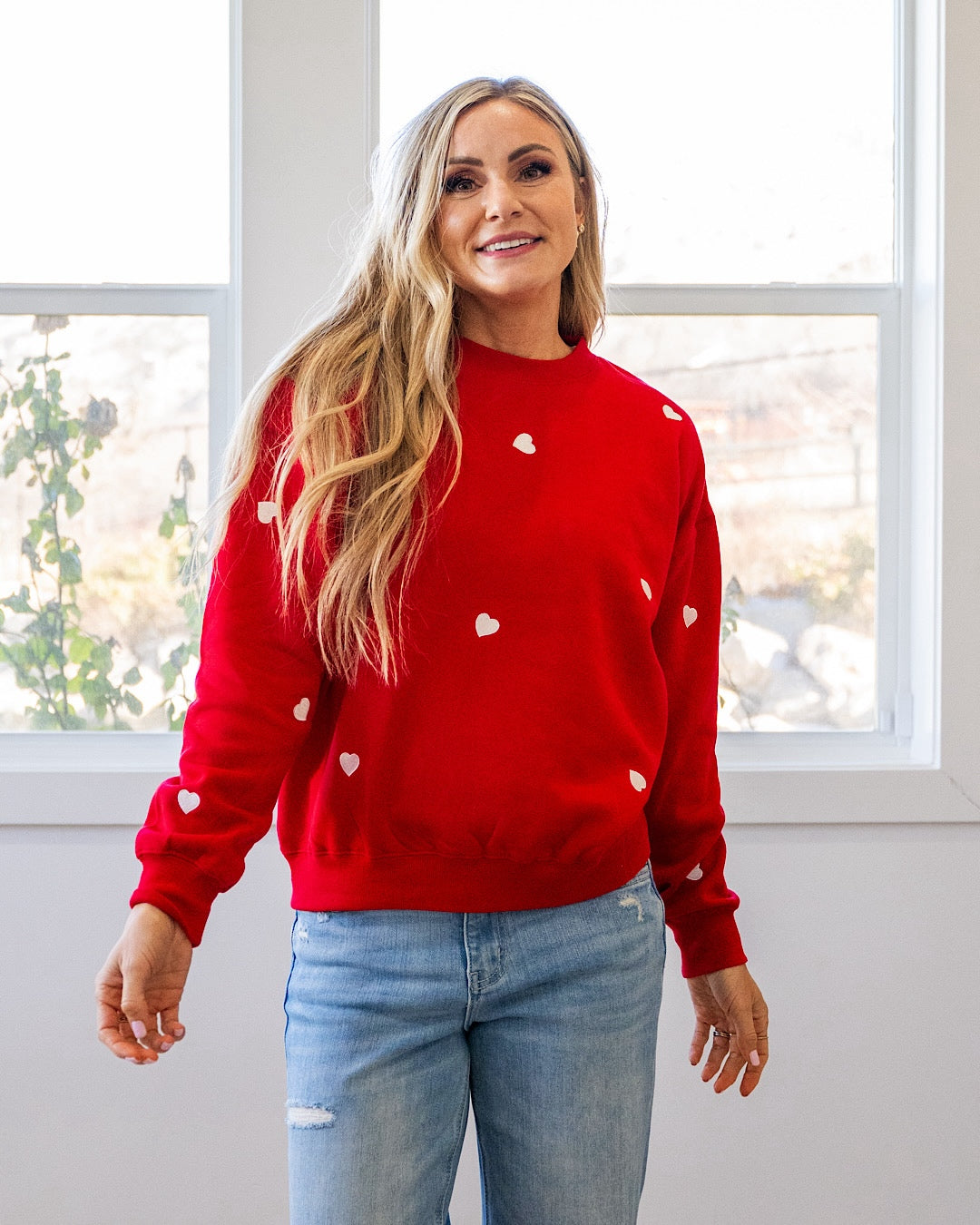 Heart Embroidered Fleece Crewneck Sweatshirt - Color Options Available! Reflex Red