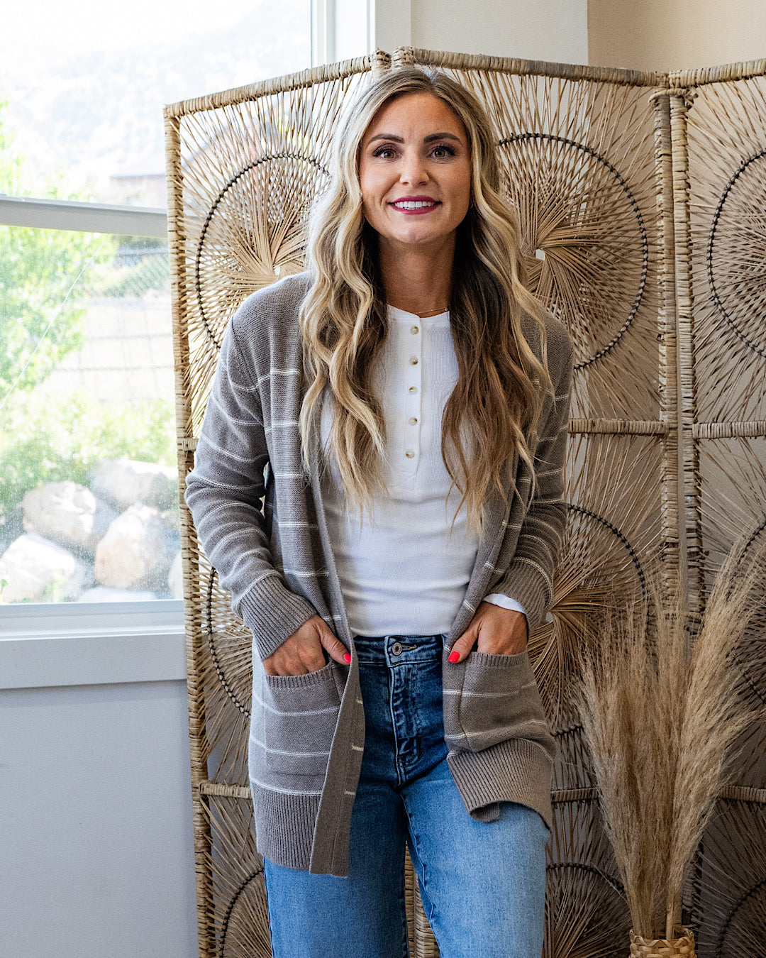 Debbie Striped Open Front Cardigan - Mocha Be Cool