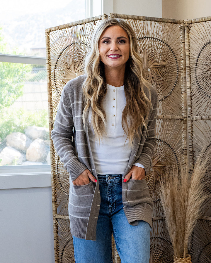Debbie Striped Open Front Cardigan - Mocha Be Cool