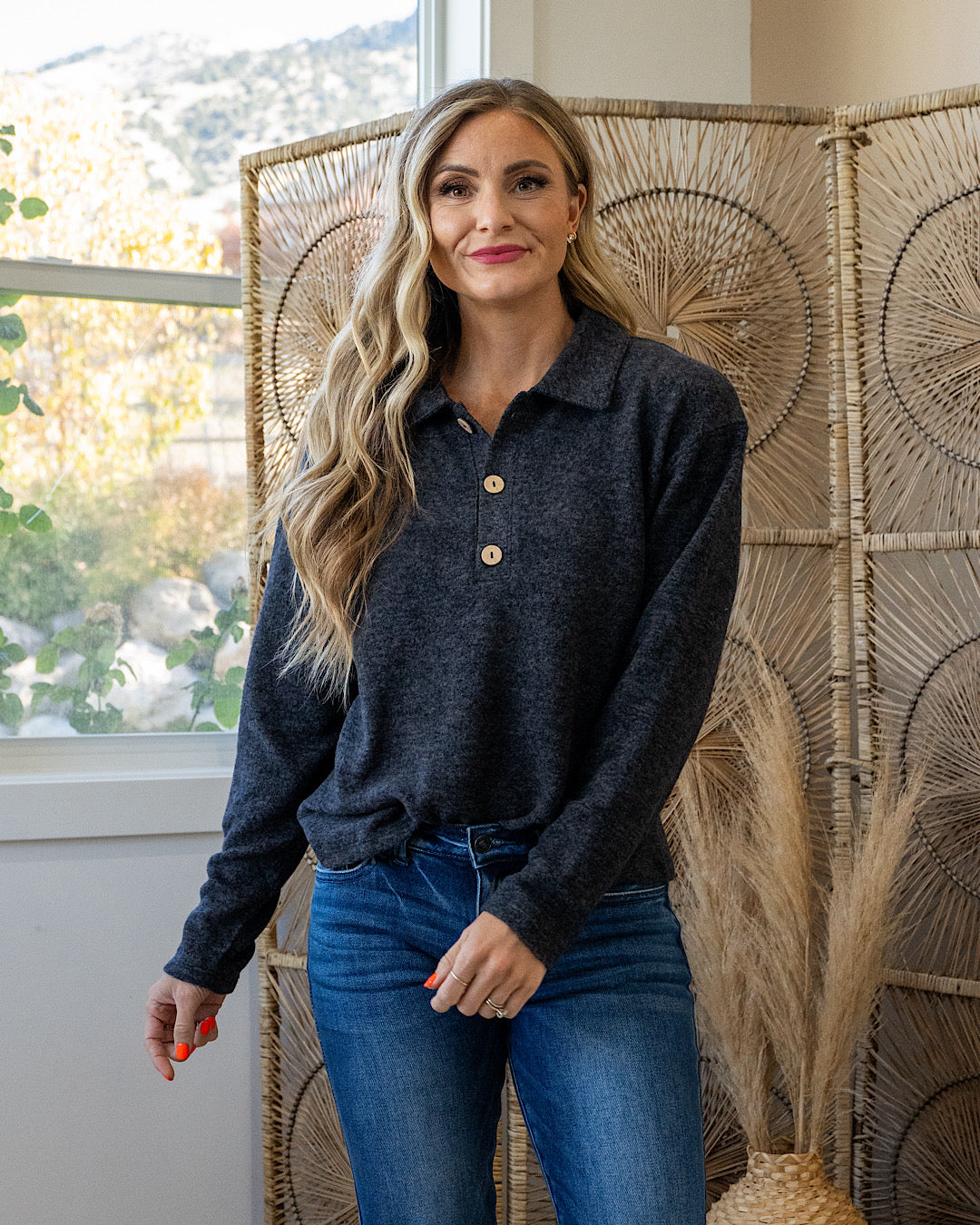 Super Soft Henley Top - Color Options Available! Zenana Black