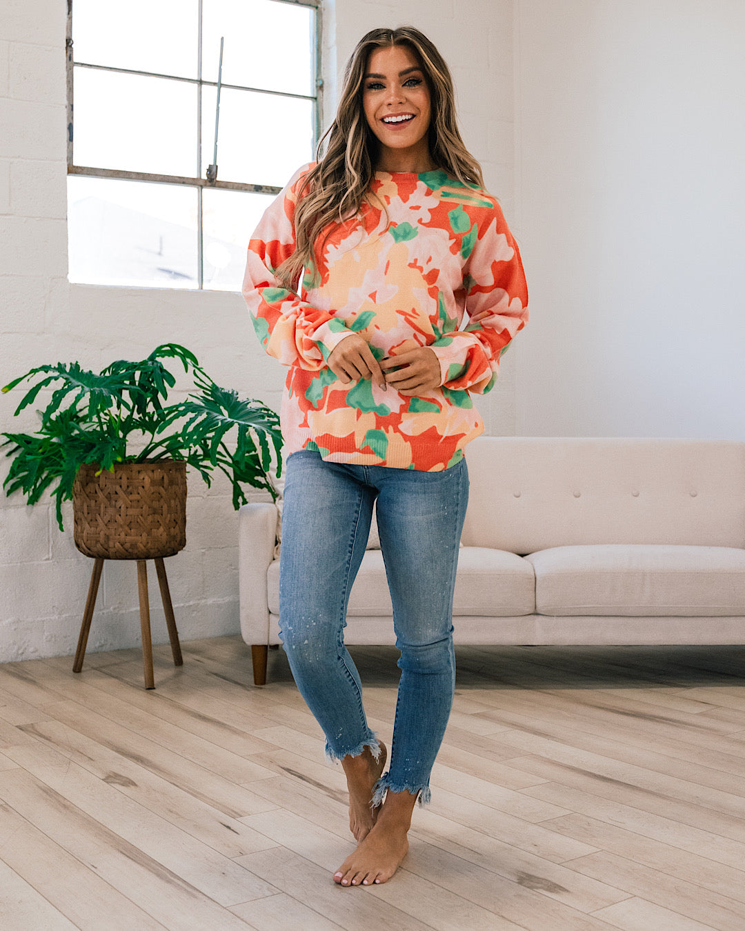 Delaney Tangerine Floral Sweater  First Love   
