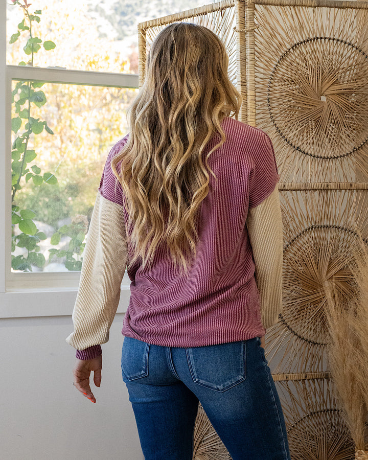 NEW! Andrea Corded Color Block Henley Top - Marsala