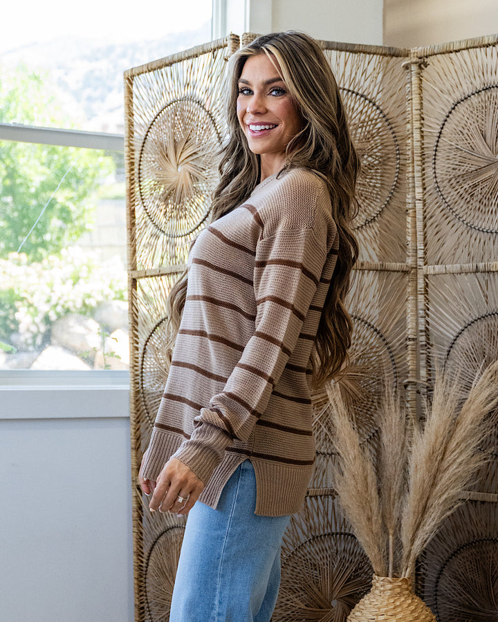 Andrea Striped Side Slit Sweater - Mocha Be Cool
