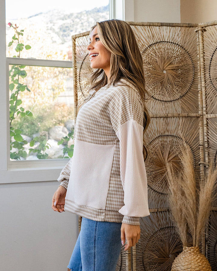 NEW! Cassie Mixed Fabric Henley Top - Taupe