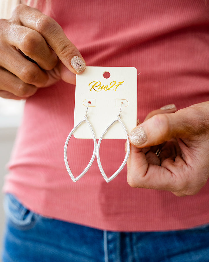 Textured Metal Marquise Shaped Dangle Earrings - Silver Trendy Wholesale
