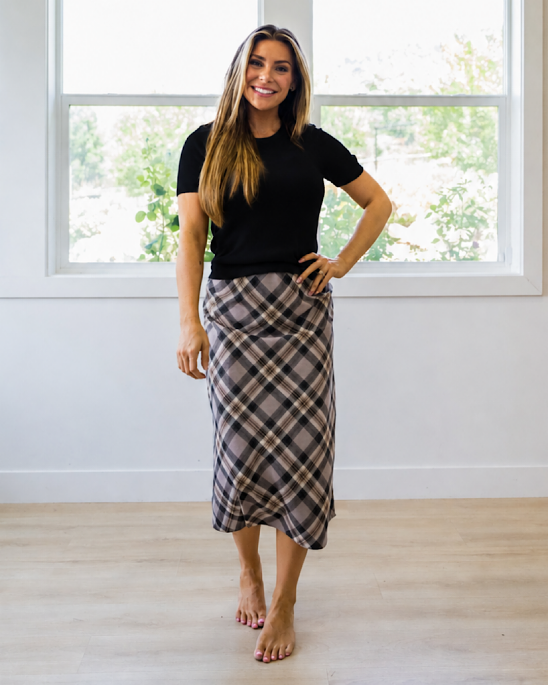 NEW! Jade Plaid A-Line Skirt - Greige