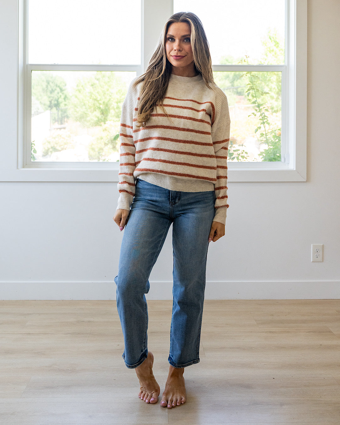 NEW! Desi Ribbed Striped Sweater - Oatmeal & Rust Staccato