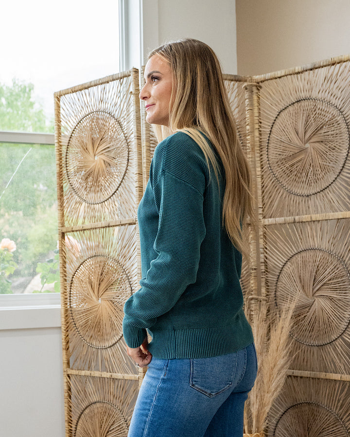 NEW! Called It All Off Washed Waffle Knit Sweater - Teal