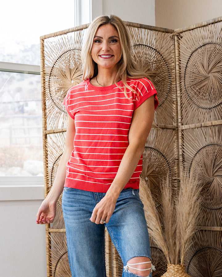 Allie Striped Short Sleeve Sweater - Color Options Available Staccato Coral