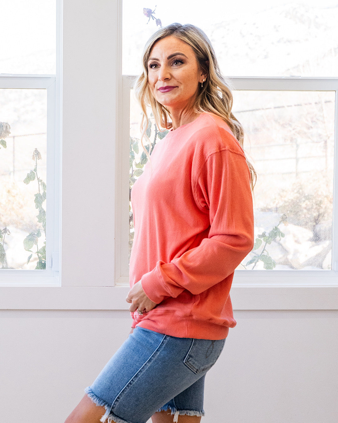 NEW! Mia Ribbed Crewneck Top - Coral Michelle Mae