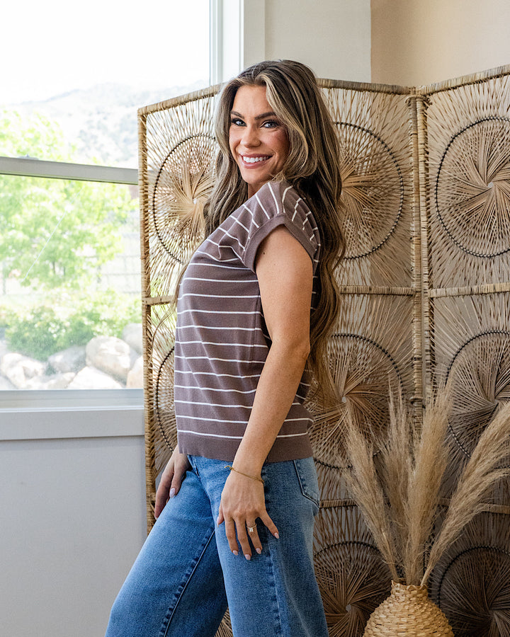 Allie Striped Short Sleeve Sweater - Dark Mocha Staccato