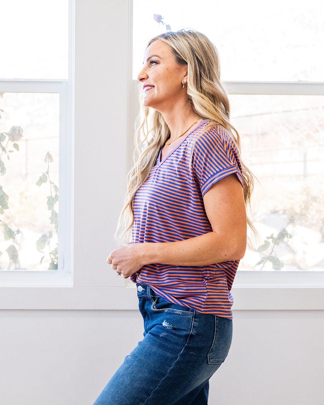 Nadia Striped V Neck Top - Orange & Royal Staccato