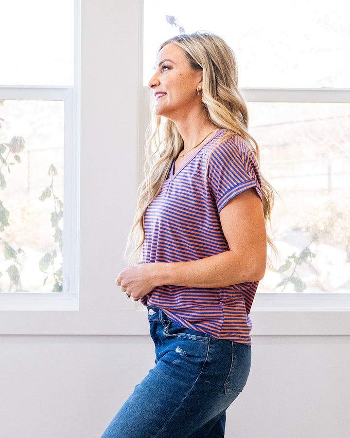 Nadia Striped V Neck Top - Orange & Royal Staccato