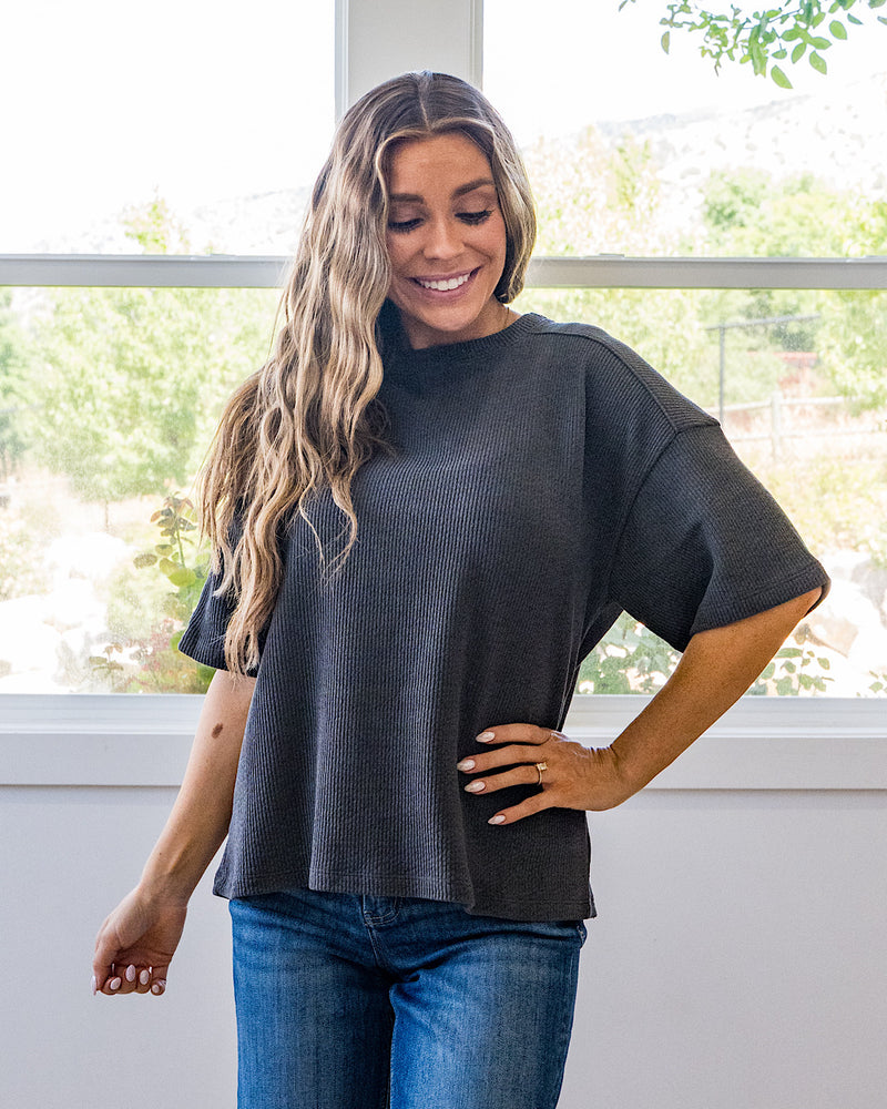 NEW! Paisley Corded Short Sleeve Top - Charcoal Tres Bien