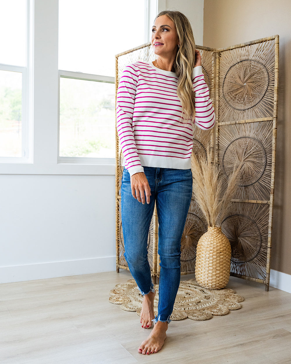 Camila Striped Crewneck Sweater - Hot Pink  Staccato   