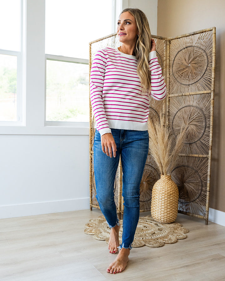 Camila Striped Crewneck Sweater - Hot Pink  Staccato   