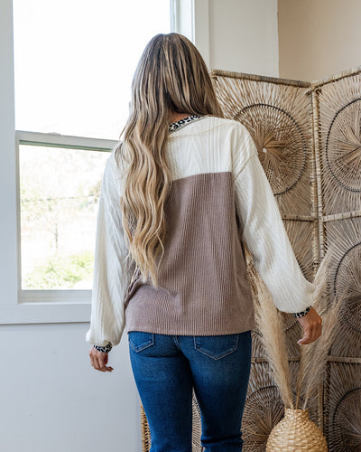 Shayla Mixed Fabric Color Block Henley Top - Mocha Lovely Melody