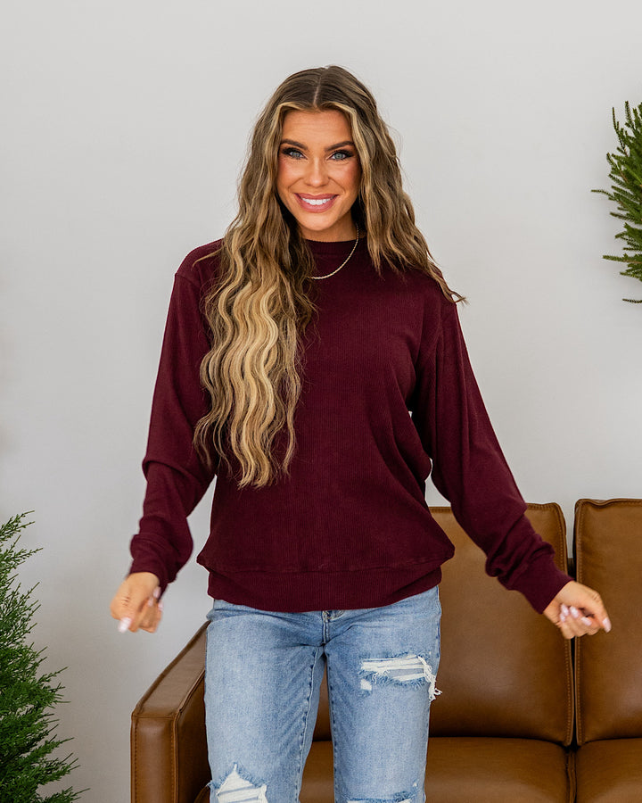 NEW! Mia Ribbed Crewneck Top - Burgundy Michelle Mae