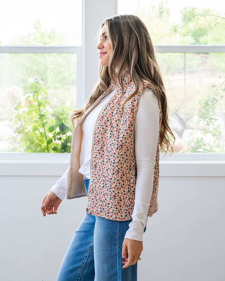 NEW! Juliana Floral Print Corduroy Vest - Cream & Pink Staccato