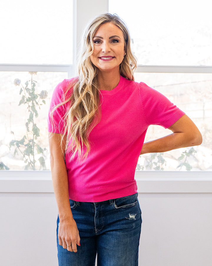 NEW! Ashton Short Sleeve Sweater Top - Fuchsia