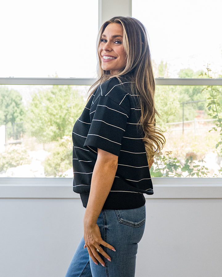 NEW! Macey Scuba Fabric Striped Top - Black & Cream