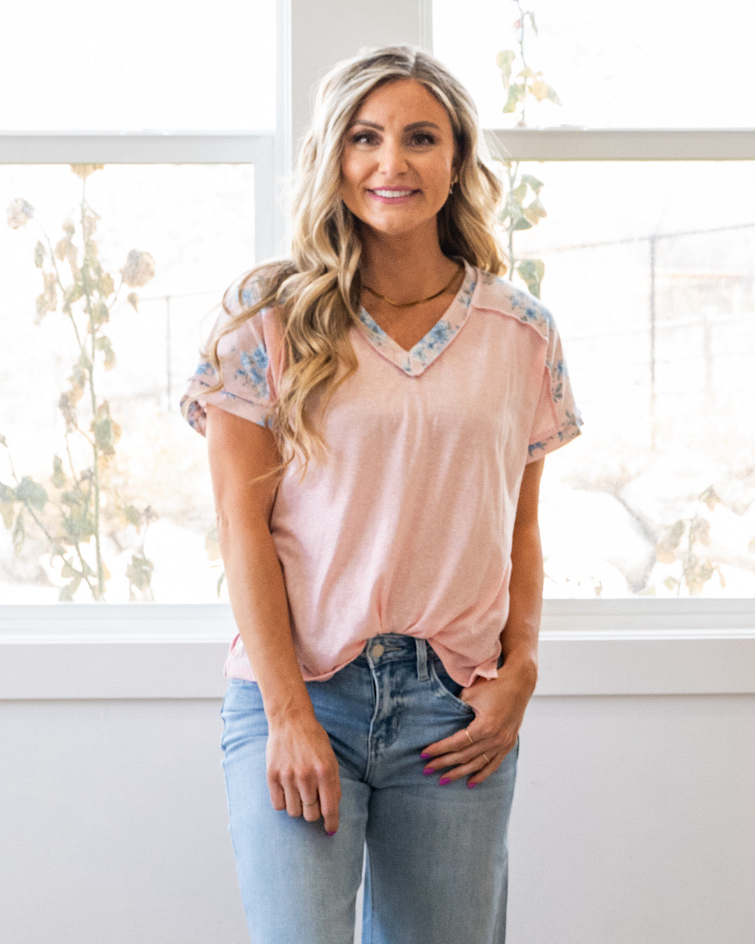 Ava Floral Color Block Top - Color Options Available! Lovely Melody Blush