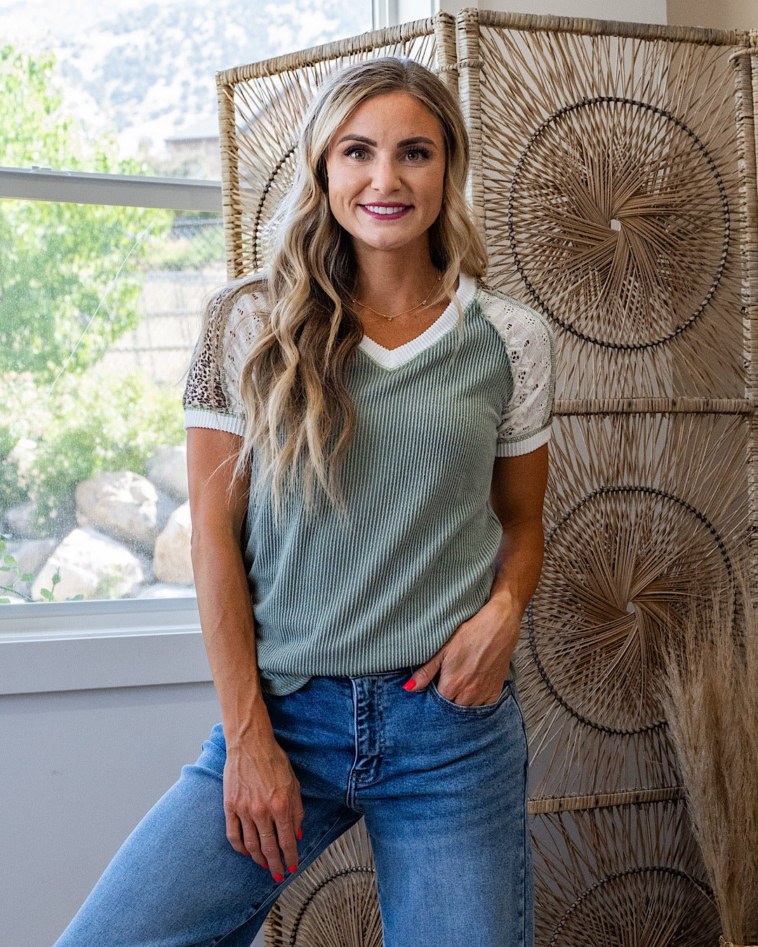 Angelica Mixed Fabric Corded Top - Light Olive 7th Ray