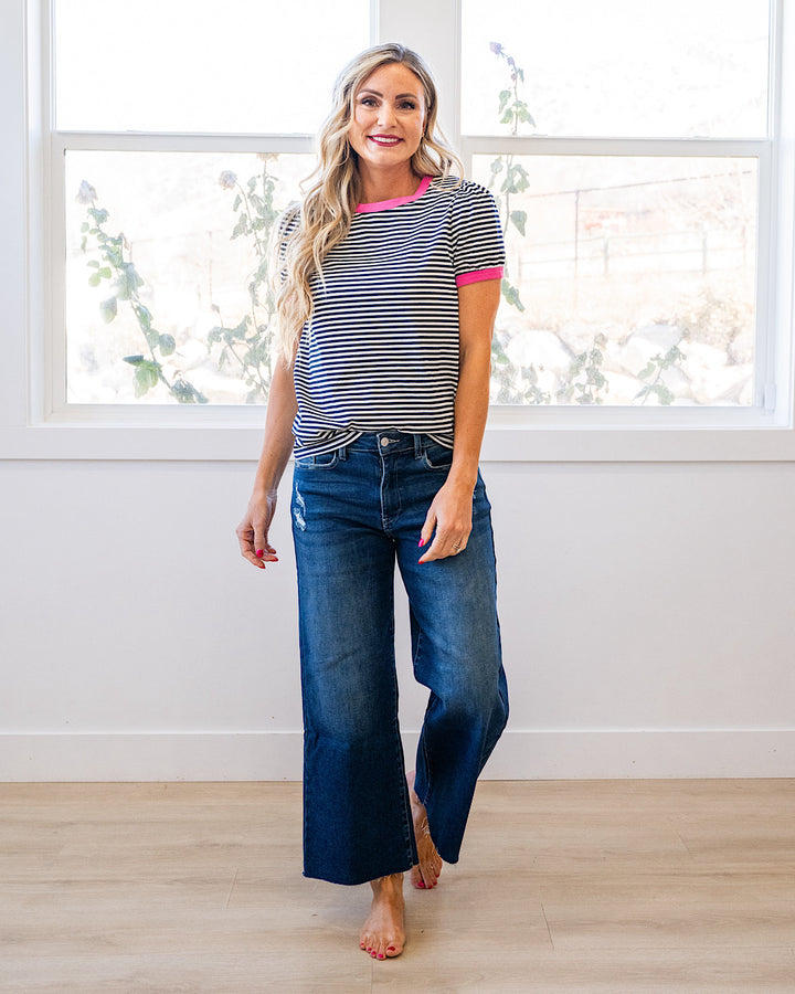 Mandy Puff Sleeve Striped Top - Navy & Pink Staccato