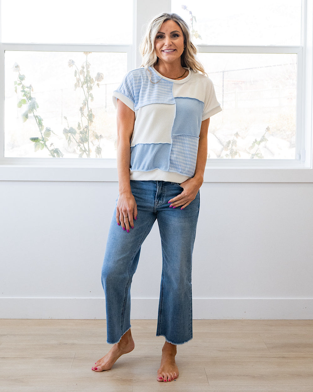 Harmony Gingham Color Block Corded Top - Light Blue Lovely Melody