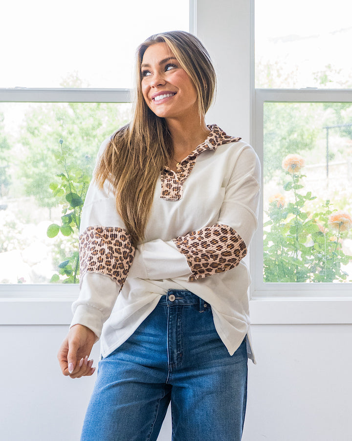 NEW! Jana Leopard Color Block Collared Top - Ivory
