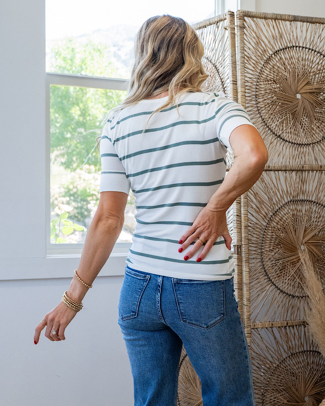 Carrie Ribbed Scoop Neck Striped Henley Top - Spruce Be Cool
